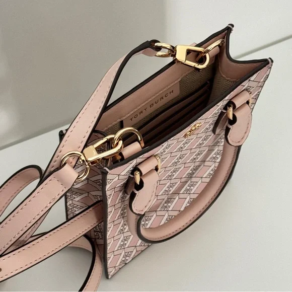 Tory Burch Pink Blush Geo Logo Pattern Mini Shopper Bag Crossbody Bag Purse - Picture 6 of 13